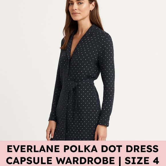 Everlane Dresses & Skirts - Everlane Polka Dot Dress Navy/White (4) Tie Waist Cupro, Preppy, Minimalist